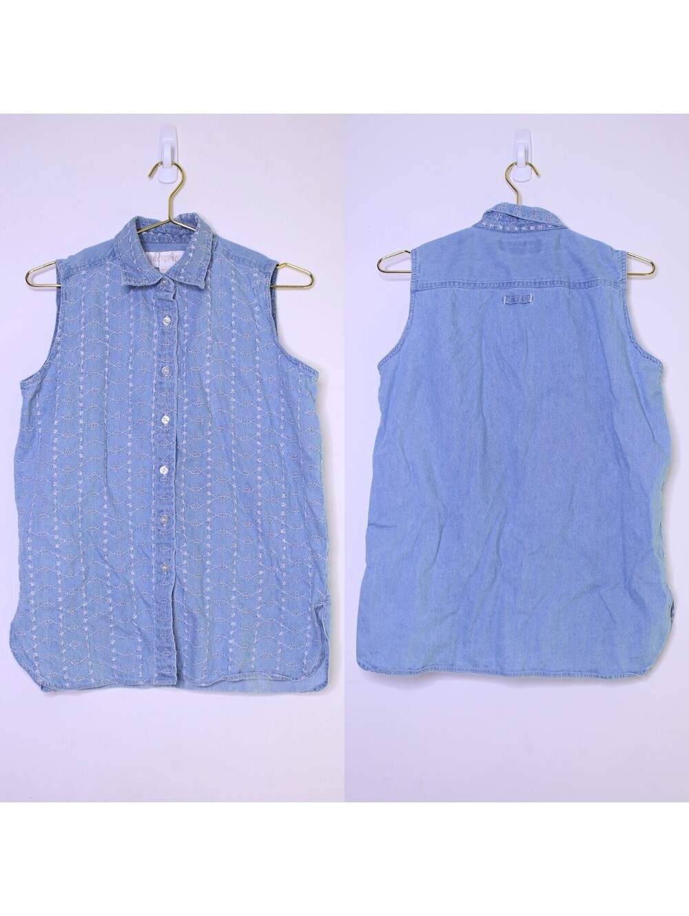Denim Embroidered Sleeveless Shirt - Medium